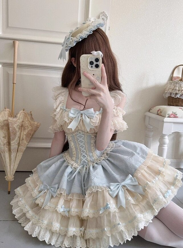 Embossed Jacquard Butterfly Lolita JSK –French Ballet Style Cake dress with Bows