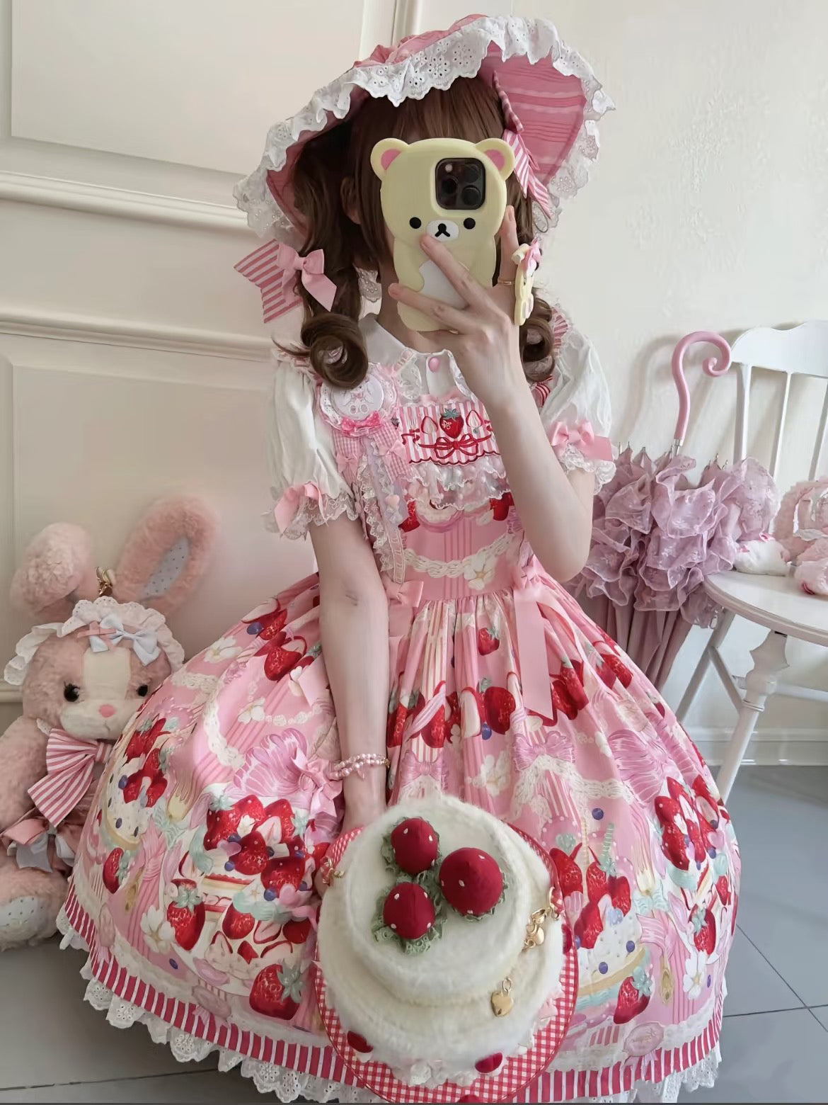 Lolita Strawberry Cake Print Pink JSK Dress | Cute Doll-Style Princess Sundress