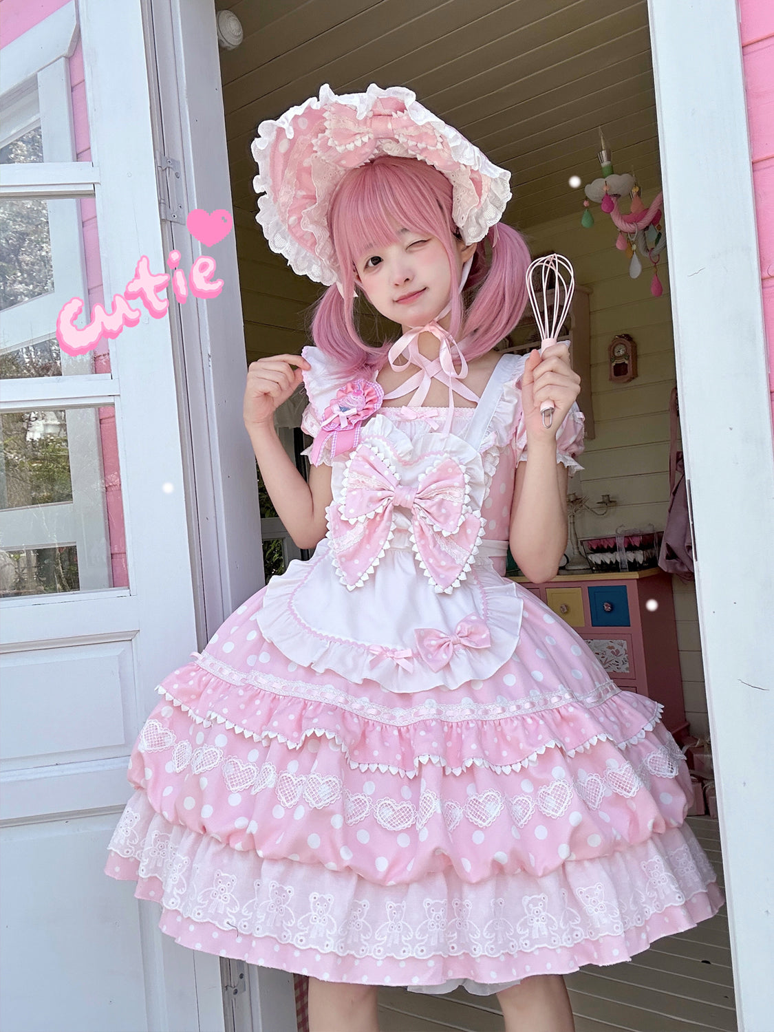 Sweet Lolita Patisserie OP Set— Heart Lace, Polka Dots, Tiered Cupcake Skirt, Coquette/Dollcore Vibes