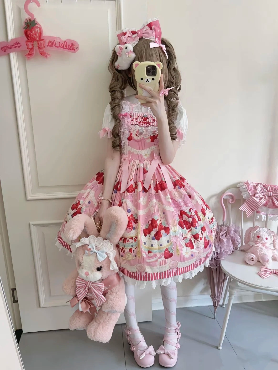 Lolita Strawberry Cake Print Pink JSK Dress | Cute Doll-Style Princess Sundress