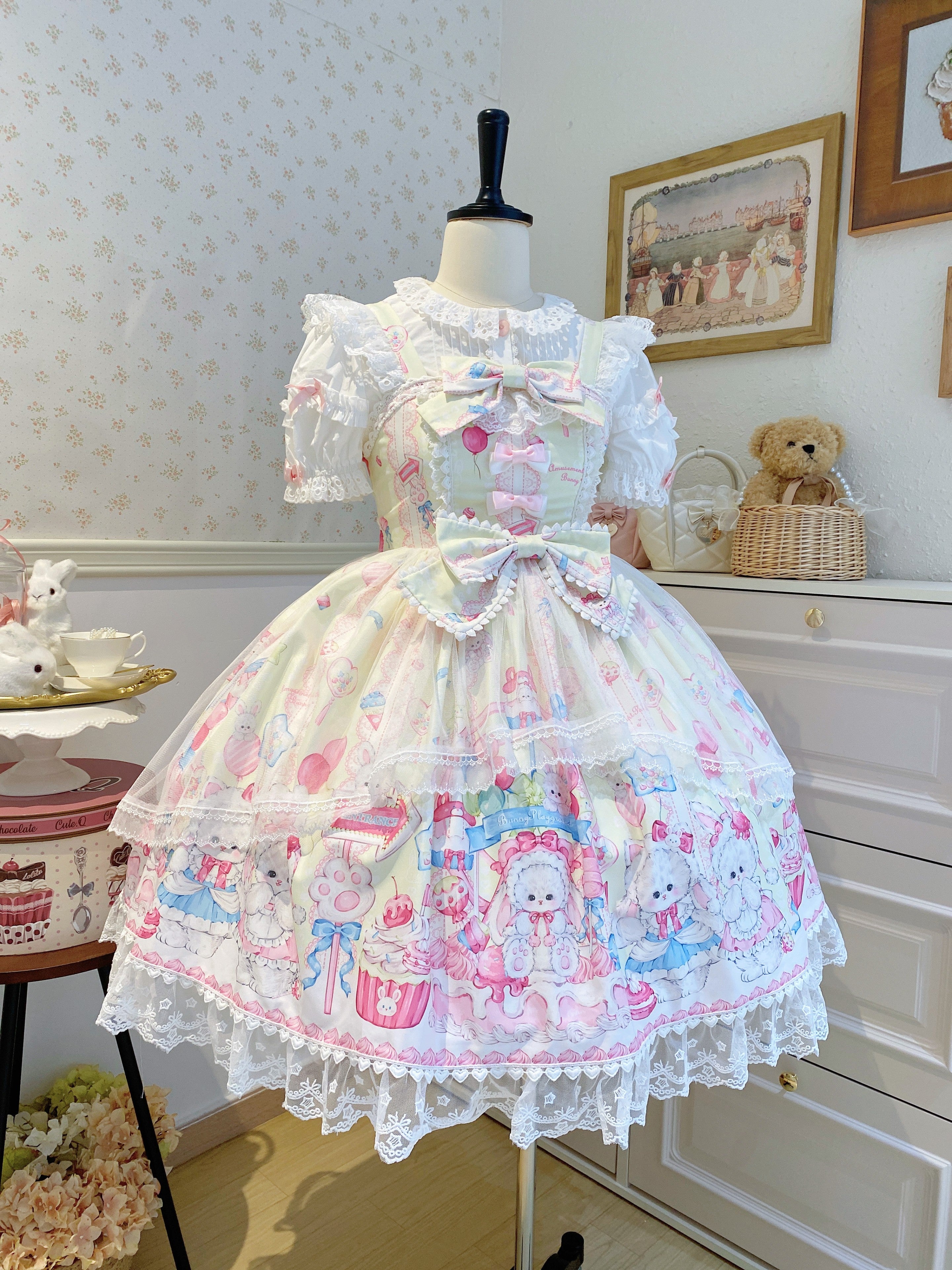 Bunny Sweet Cake Lolita JSK – Cute Pink Print Dress with Lace & Bows