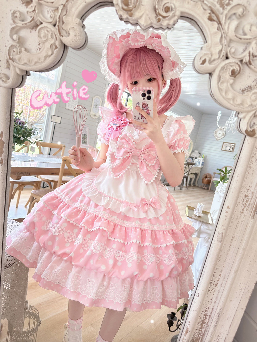 Sweet Lolita Patisserie OP Set— Heart Lace, Polka Dots, Tiered Cupcake Skirt, Coquette/Dollcore Vibes