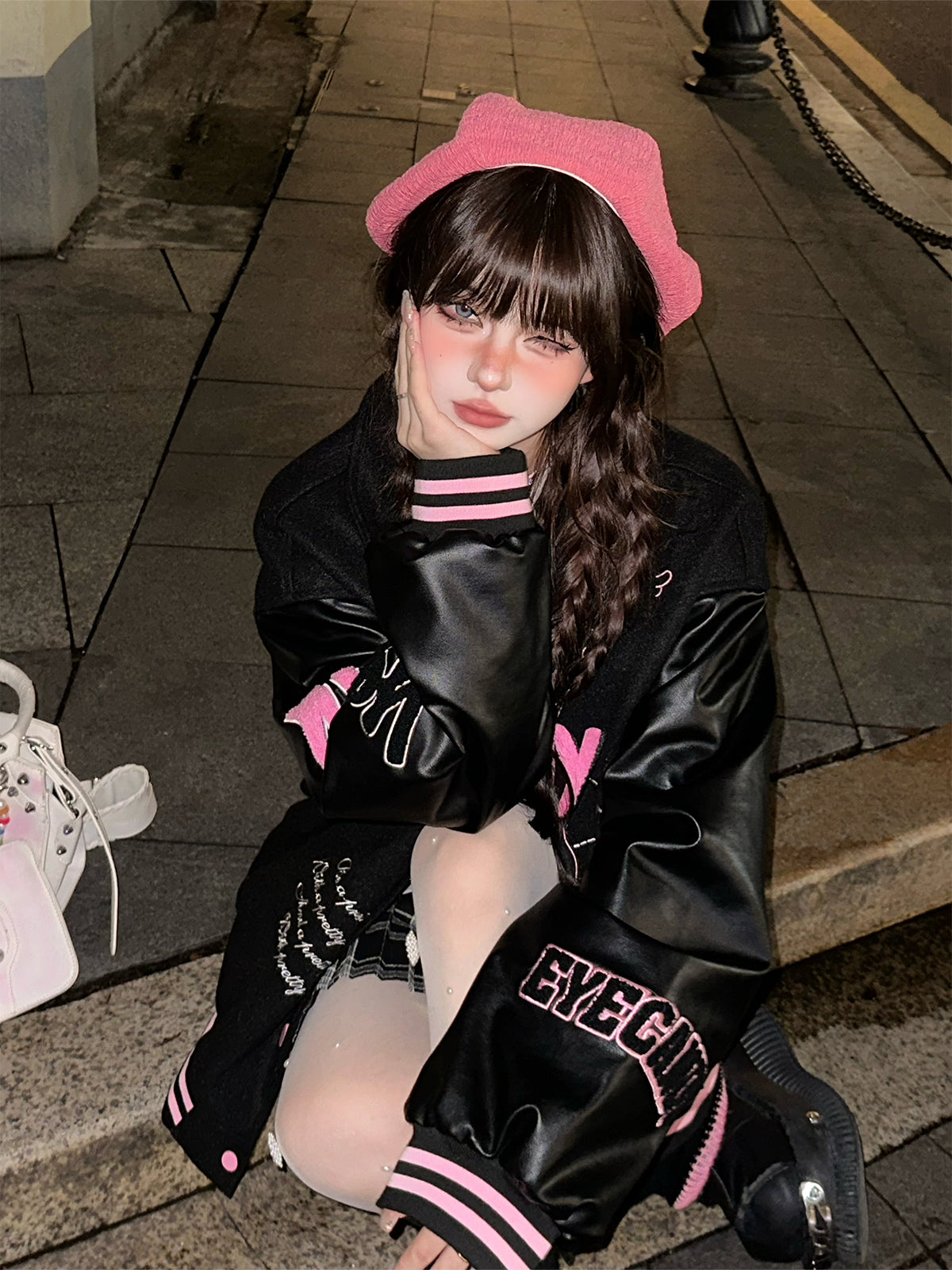 Kawaii Fuzzy Embroidered Varsity Jacket – Oversized Sweet-Punk Bomber for Fall/Winter