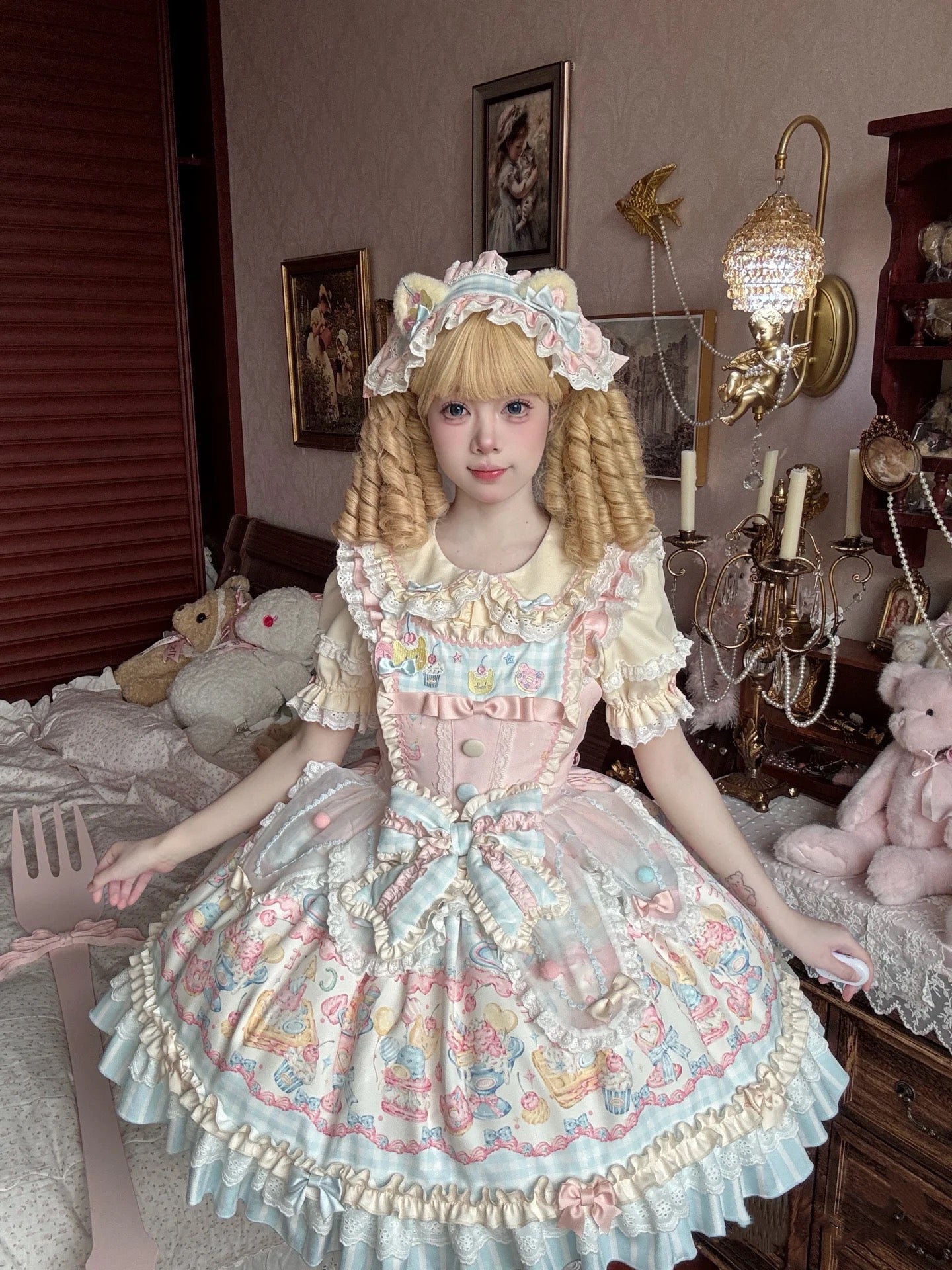Sweet Macaron Kitty Lolita Dress – Pastel Cream JSK with Original Embroidery & Print