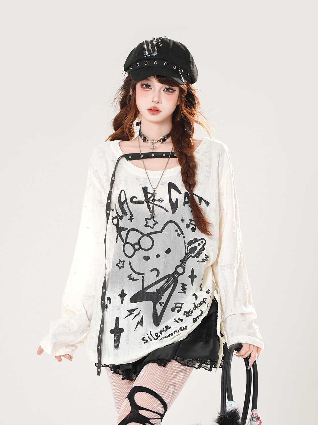 Black Cat Mesh Sun Protection Top – Loose Fit Drawstring Pullover