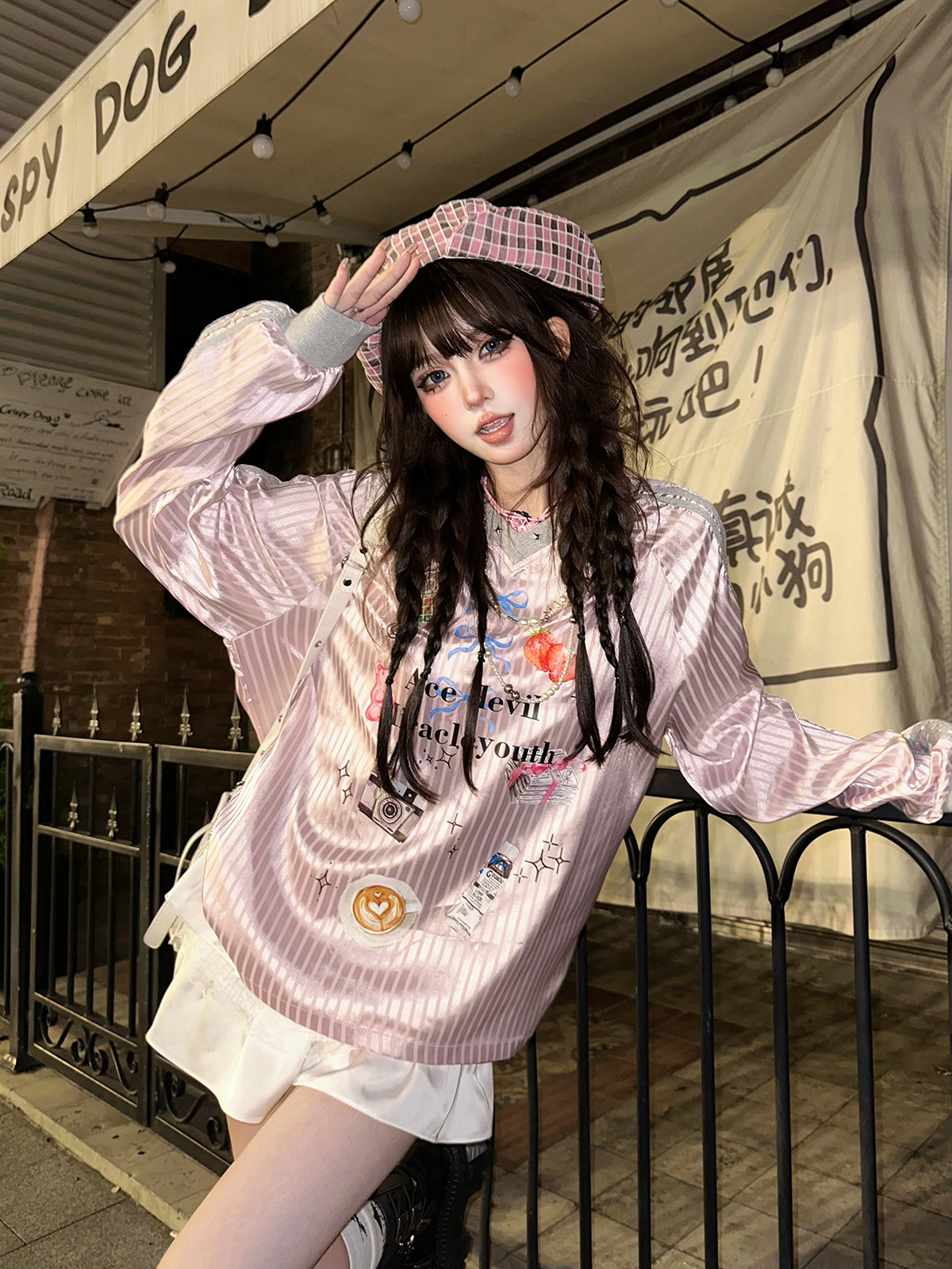 Kawaii Oversized Sweatshirt – Cute Pink Plaid Lazy Style Pullover