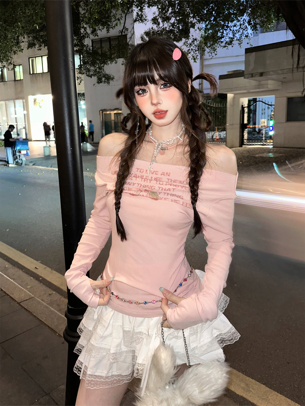 Kawaii Off-Shoulder Slim Fit Long Sleeve Top – Y2K Sweet Girl Crop Tee