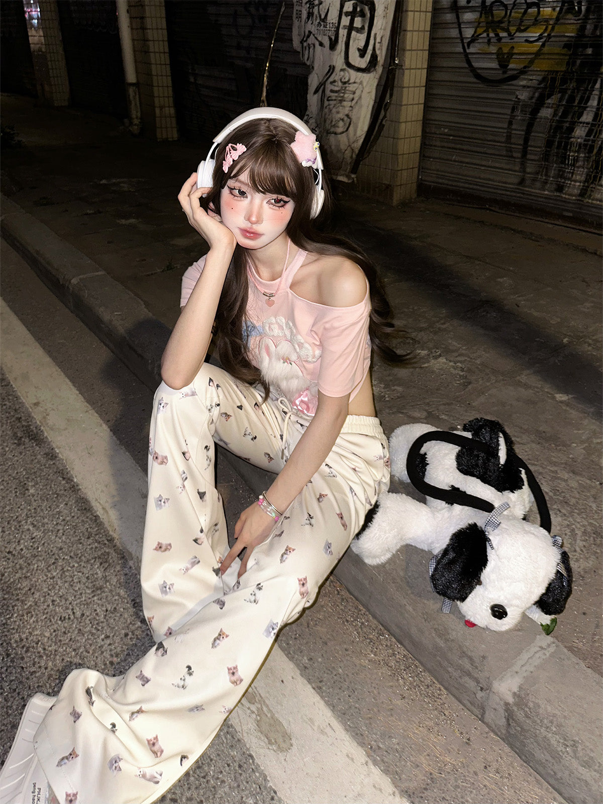 Kawaii Cat Print Flared Lounge Pants – Slim Fit Drawstring Waist Casual Long Pants