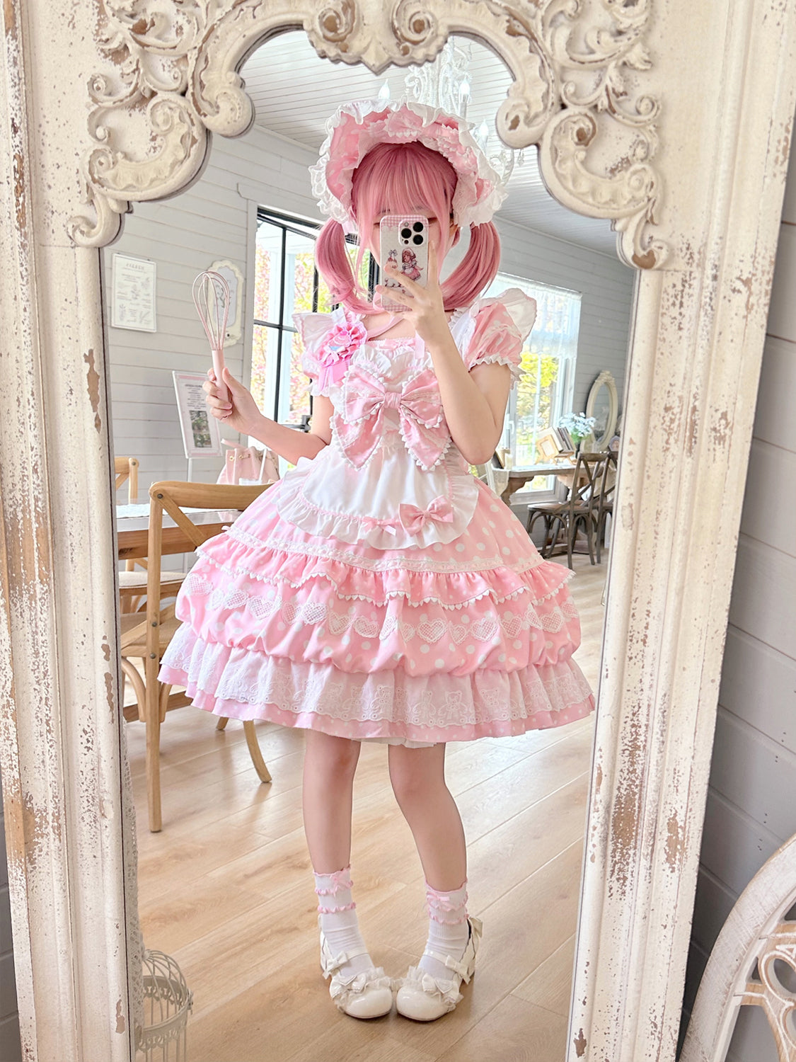 Sweet Lolita Patisserie OP Set— Heart Lace, Polka Dots, Tiered Cupcake Skirt, Coquette/Dollcore Vibes