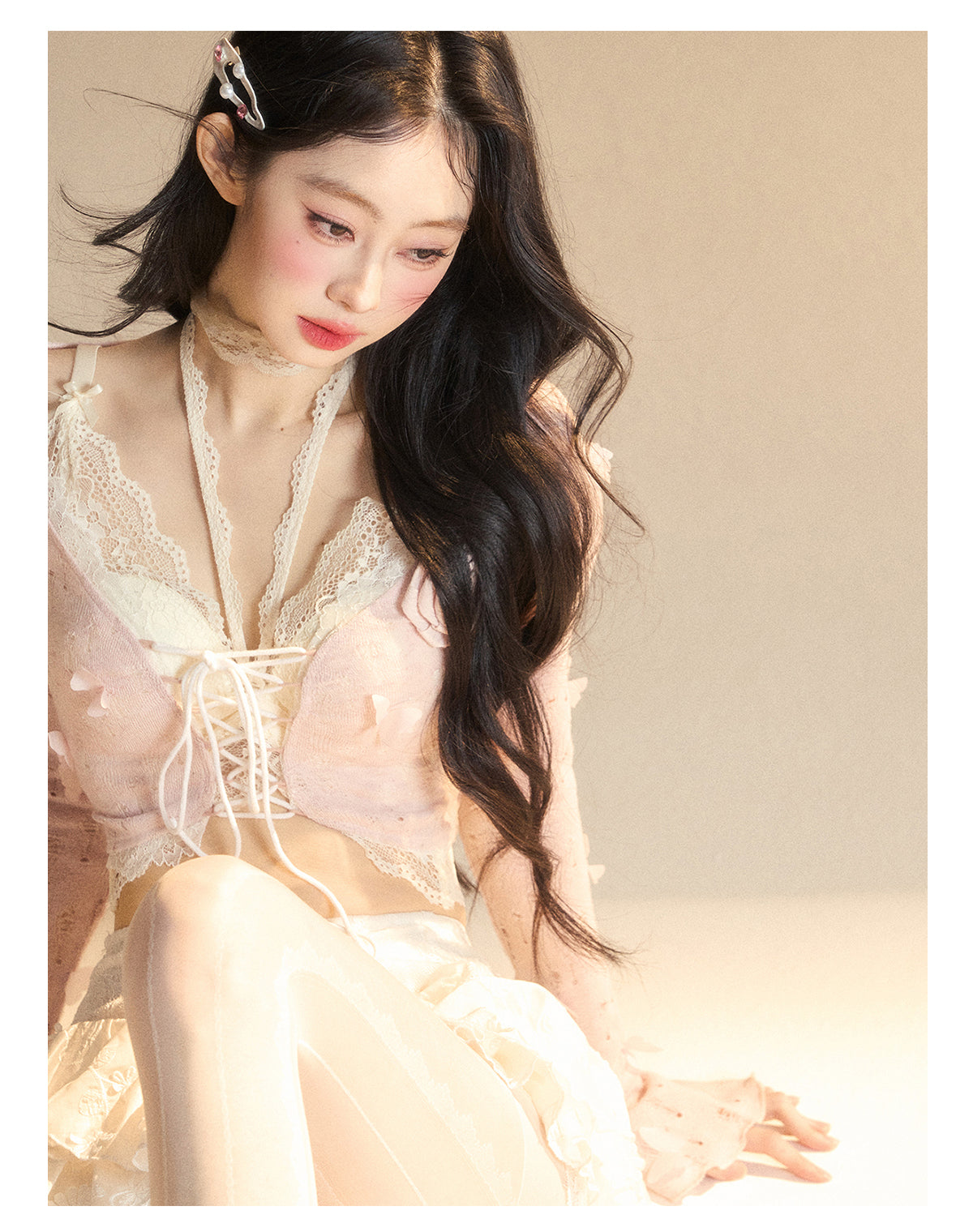 Sweetheart Doll Lace Hollow-Out Knit Set – Halter Long Sleeve Slim Fit Top
