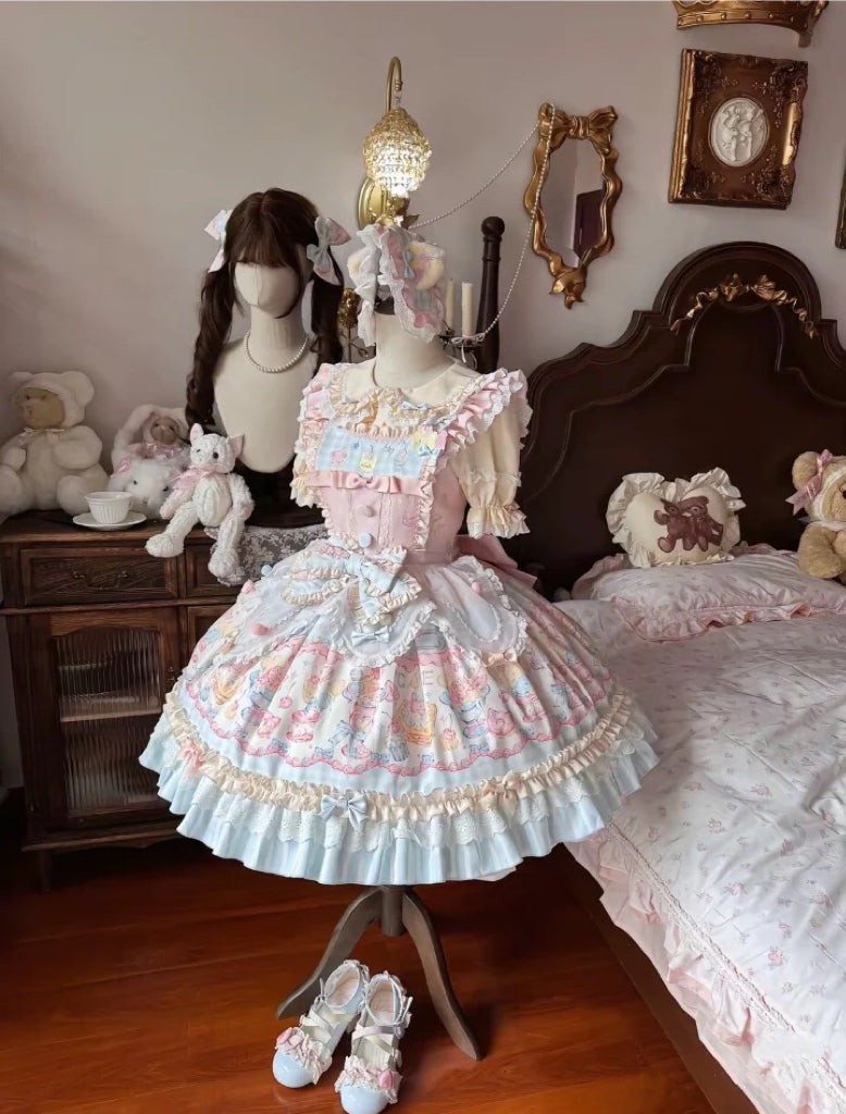 Sweet Macaron Kitty Lolita Dress – Pastel Cream JSK with Original Embroidery & Print