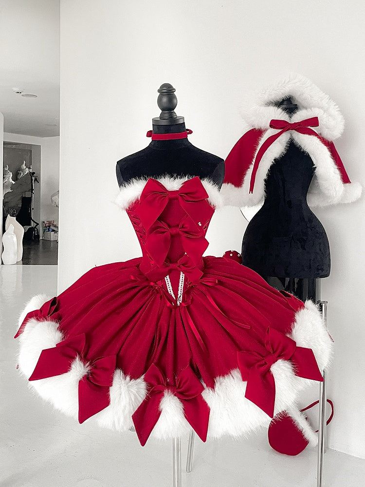Christmas Lolita Dress – Fur-Trim Winter Party OP & Hooded Cape Set (Red)