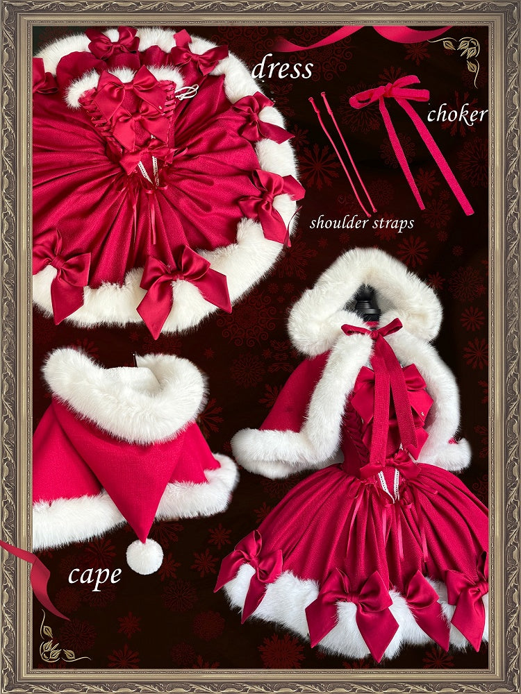 Christmas Lolita Dress – Fur-Trim Winter Party OP & Hooded Cape Set (Red)