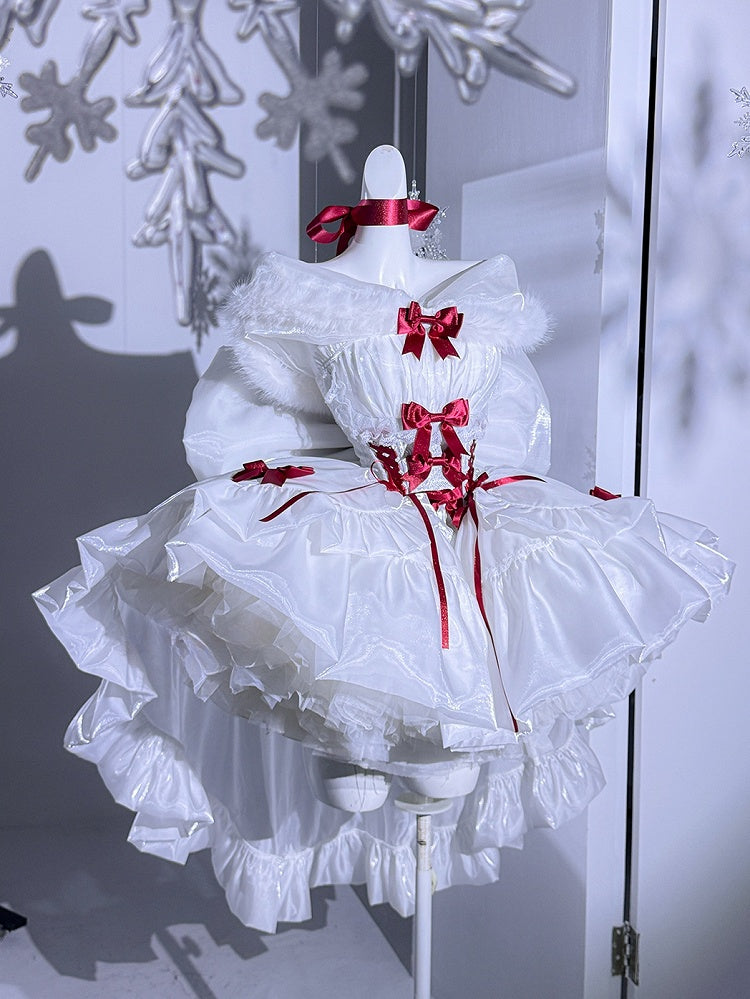 Christmas Lolita Dress — Snow Angel Fur-Trim Winter Dress with Red Bows | Christmas Party Dress