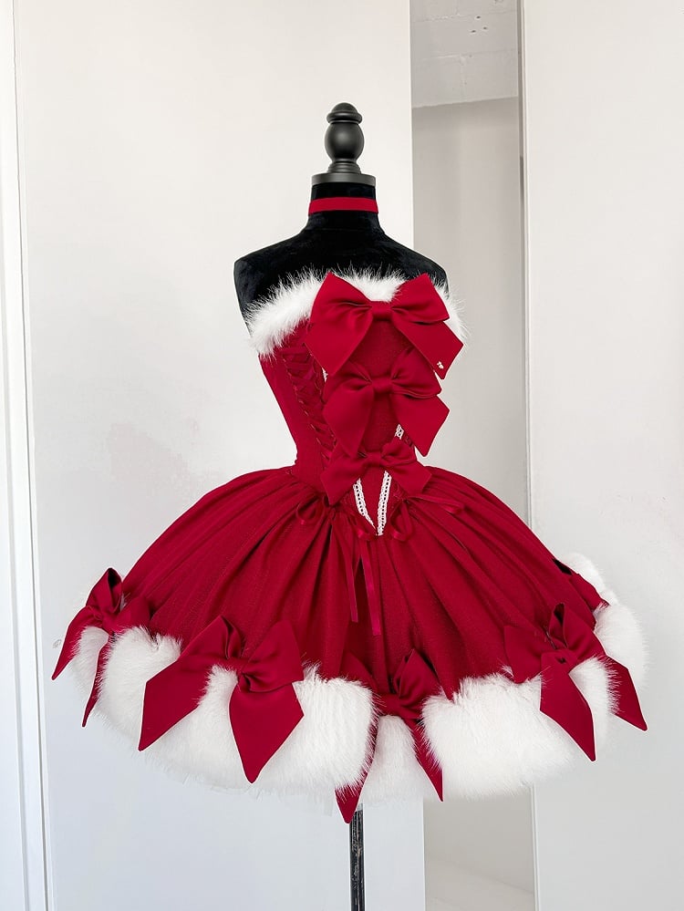 Christmas Lolita Dress – Fur-Trim Winter Party OP & Hooded Cape Set (Red)