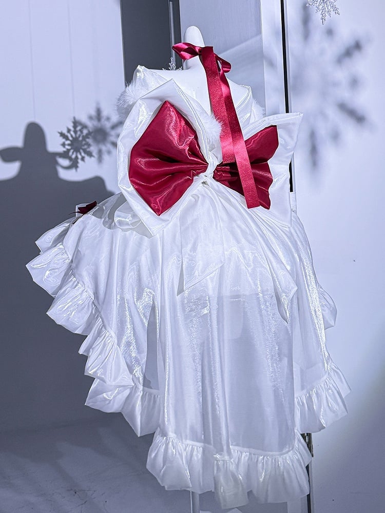 Christmas Lolita Dress — Snow Angel Fur-Trim Winter Dress with Red Bows | Christmas Party Dress