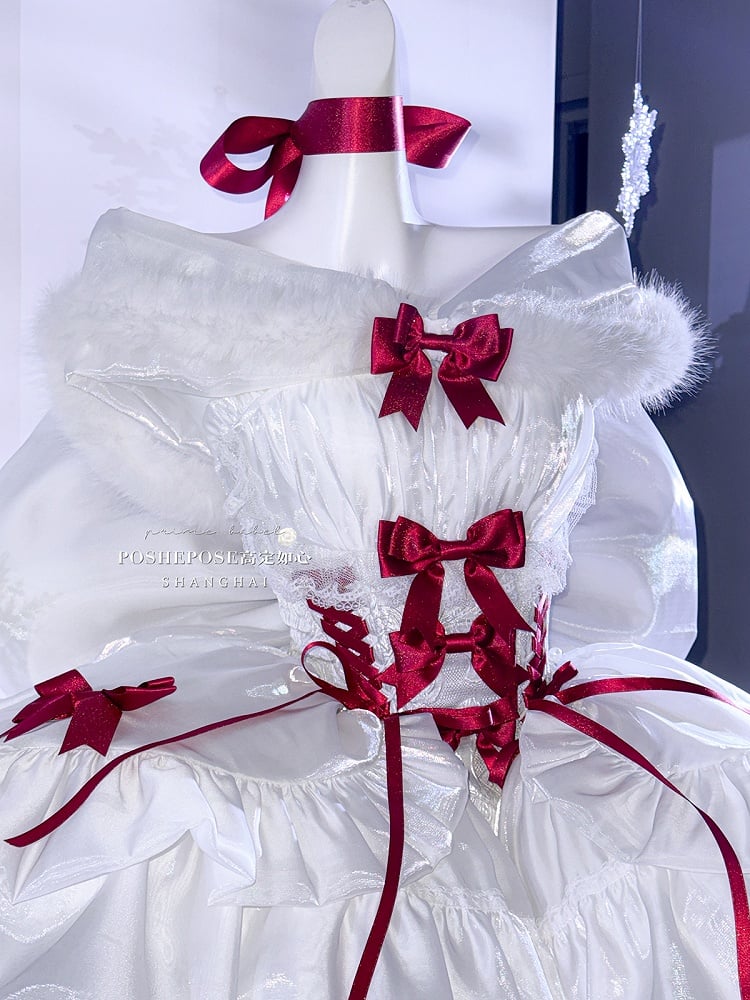 Christmas Lolita Dress — Snow Angel Fur-Trim Winter Dress with Red Bows | Christmas Party Dress