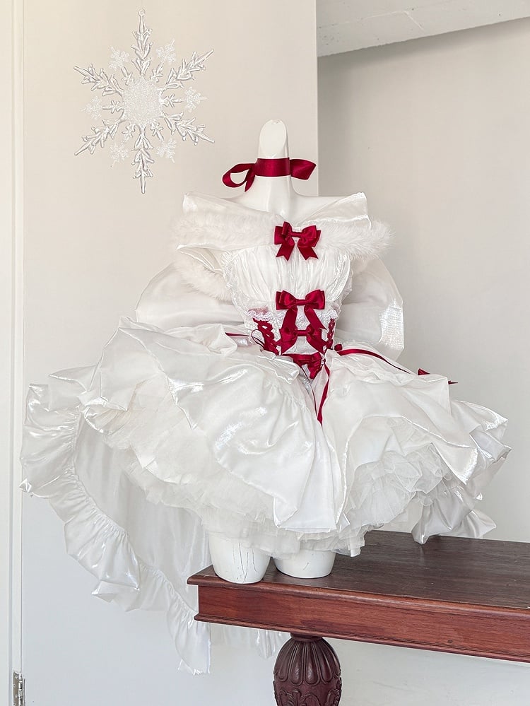 Christmas Lolita Dress — Snow Angel Fur-Trim Winter Dress with Red Bows | Christmas Party Dress
