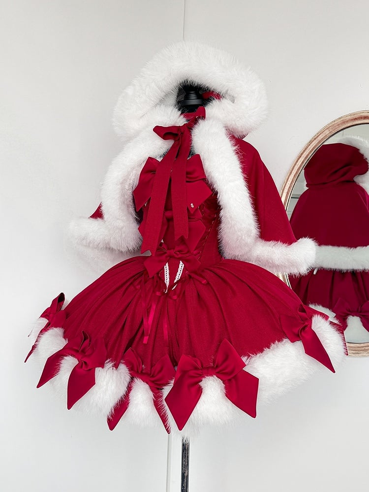 Christmas Lolita Dress – Fur-Trim Winter Party OP & Hooded Cape Set (Red)