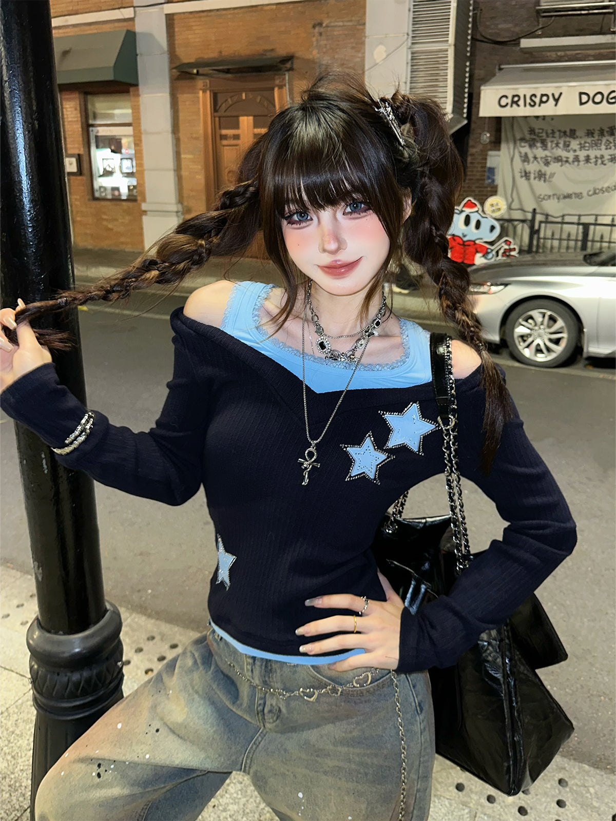 Off-Shoulder Layered Knit Top – Y2K Star Embroidered Two-Piece Look