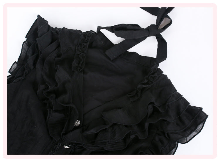 Kawaii Black Lace Ruffle Mini Dress – Sweet Gothic Lolita with Cape & Bow Accents