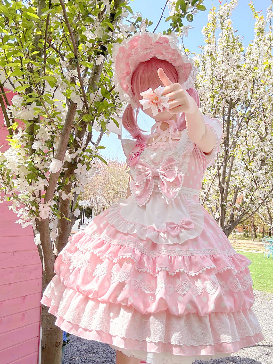 Sweet Lolita Patisserie OP Set— Heart Lace, Polka Dots, Tiered Cupcake Skirt, Coquette/Dollcore Vibes
