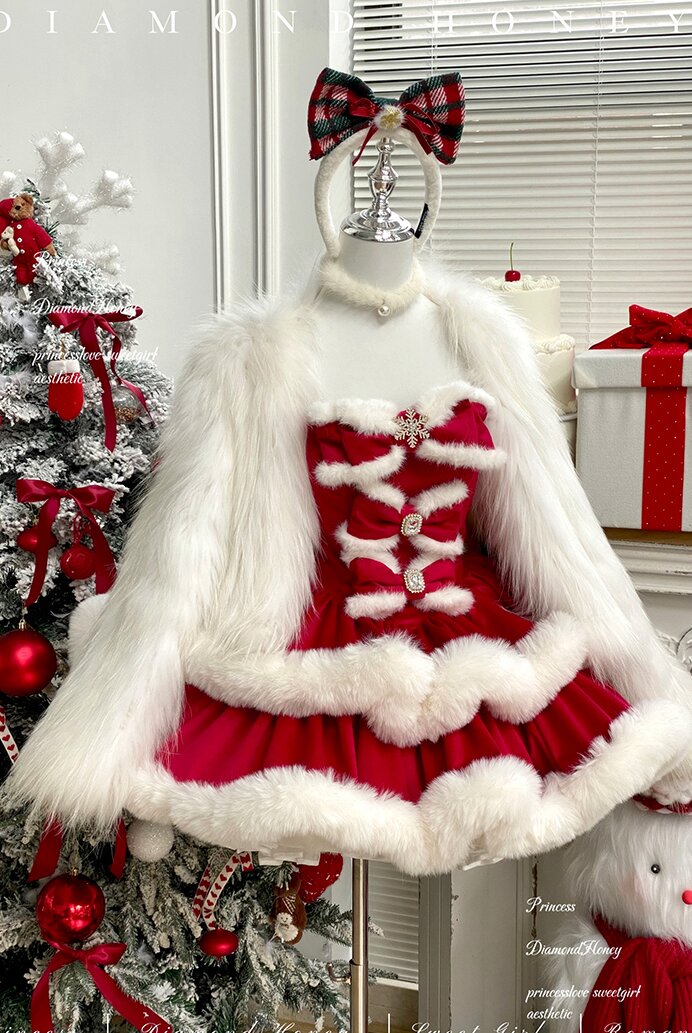 Snow Princess Christmas Party Dress — Winter Lolita Prom Style, Faux-Fur Trim & Detachable Train
