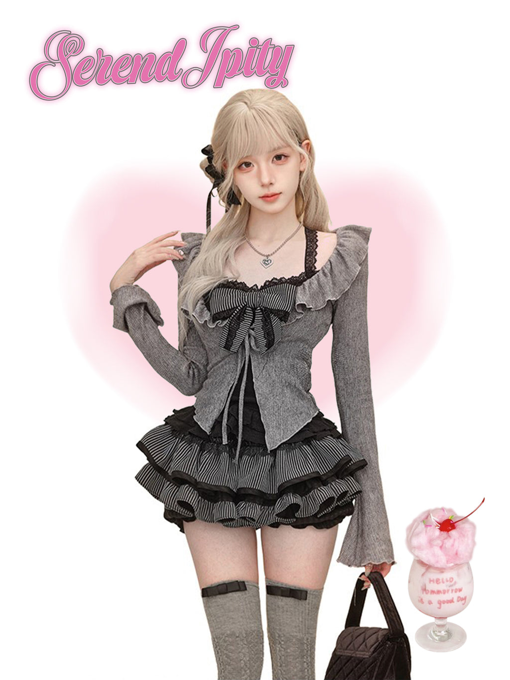 Yami Kawaii Sweet-Goth Knit Cardigan & Tiered Mini Skirt — Dark Coquette Vibes