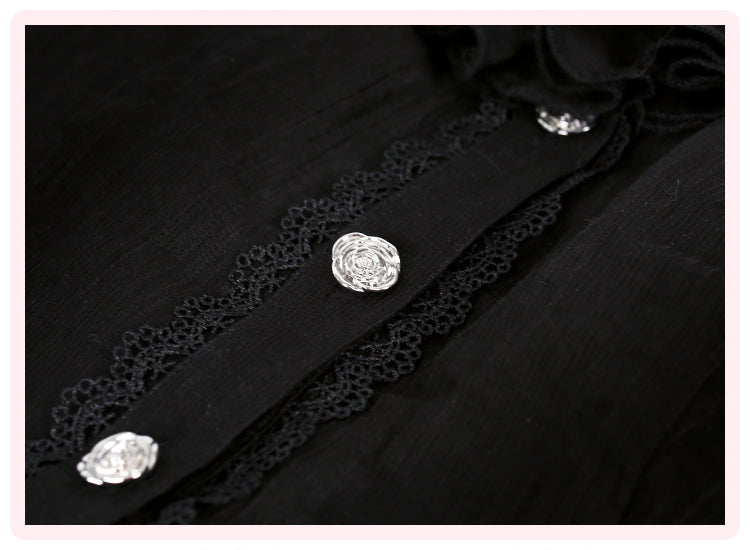 Kawaii Black Lace Ruffle Mini Dress – Sweet Gothic Lolita with Cape & Bow Accents