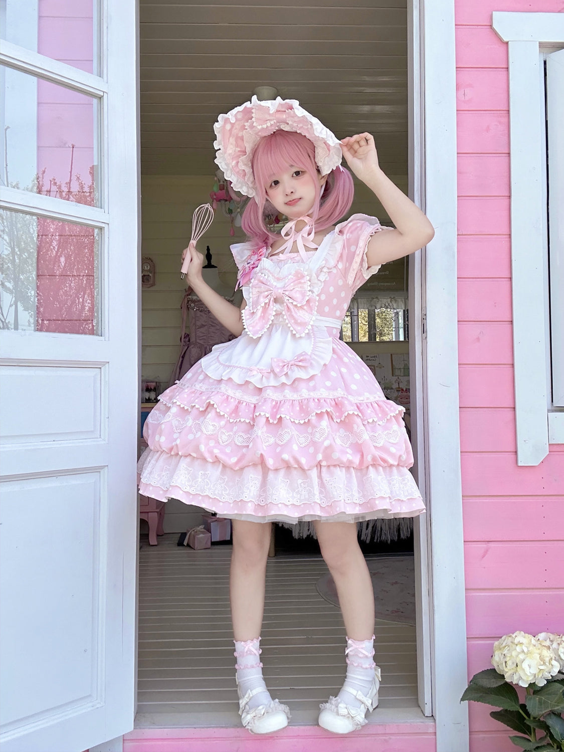 Sweet Lolita Patisserie OP Set— Heart Lace, Polka Dots, Tiered Cupcake Skirt, Coquette/Dollcore Vibes