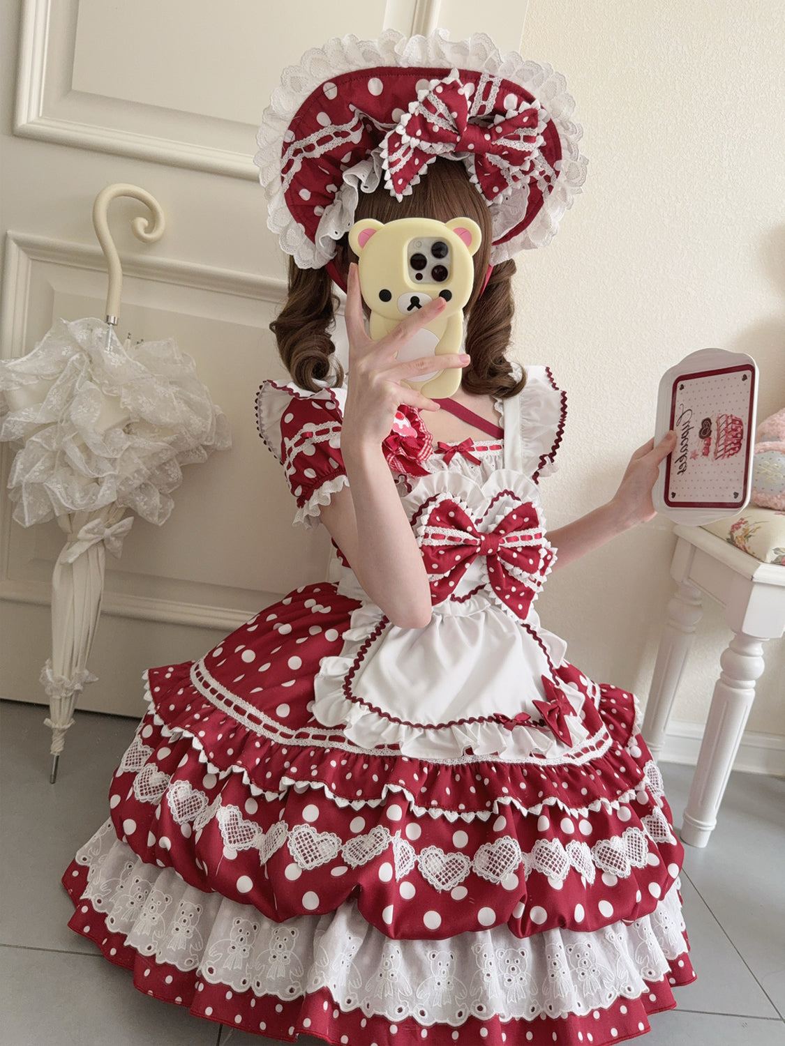 Sweet Lolita Patisserie OP Set— Heart Lace, Polka Dots, Tiered Cupcake Skirt, Coquette/Dollcore Vibes