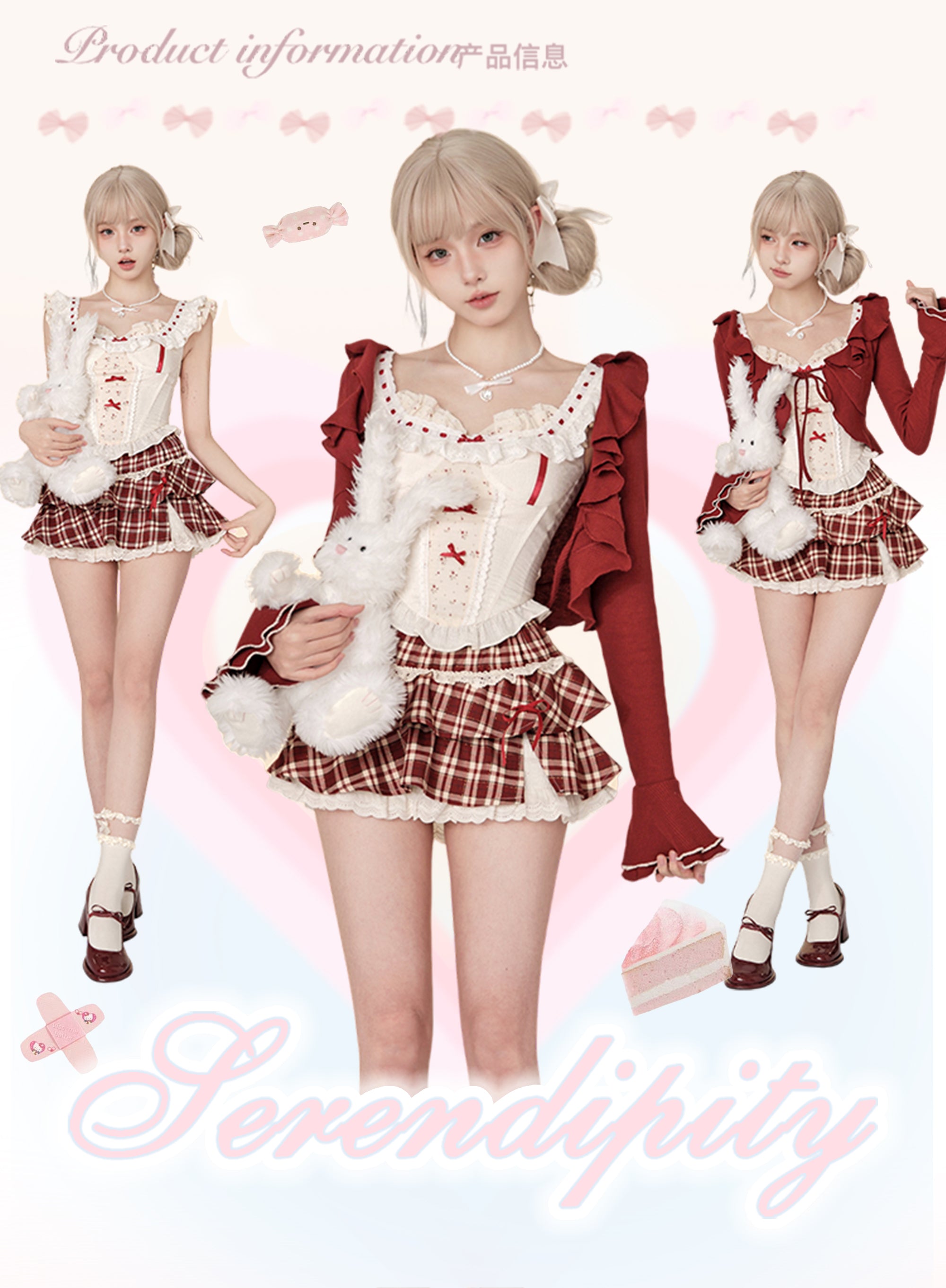 Vintage Coquette Plaid Set — Red Ruffle Cardigan, Lace Corset Camisole & Pleated Mini Skirt | Romantic Academia Aesthetic