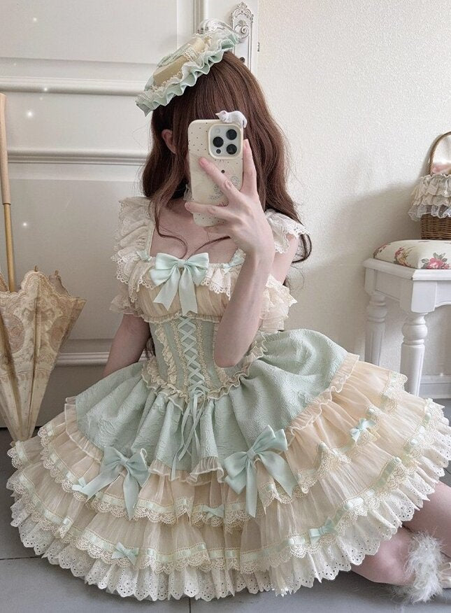 Embossed Jacquard Butterfly Lolita JSK –French Ballet Style Cake dress with Bows