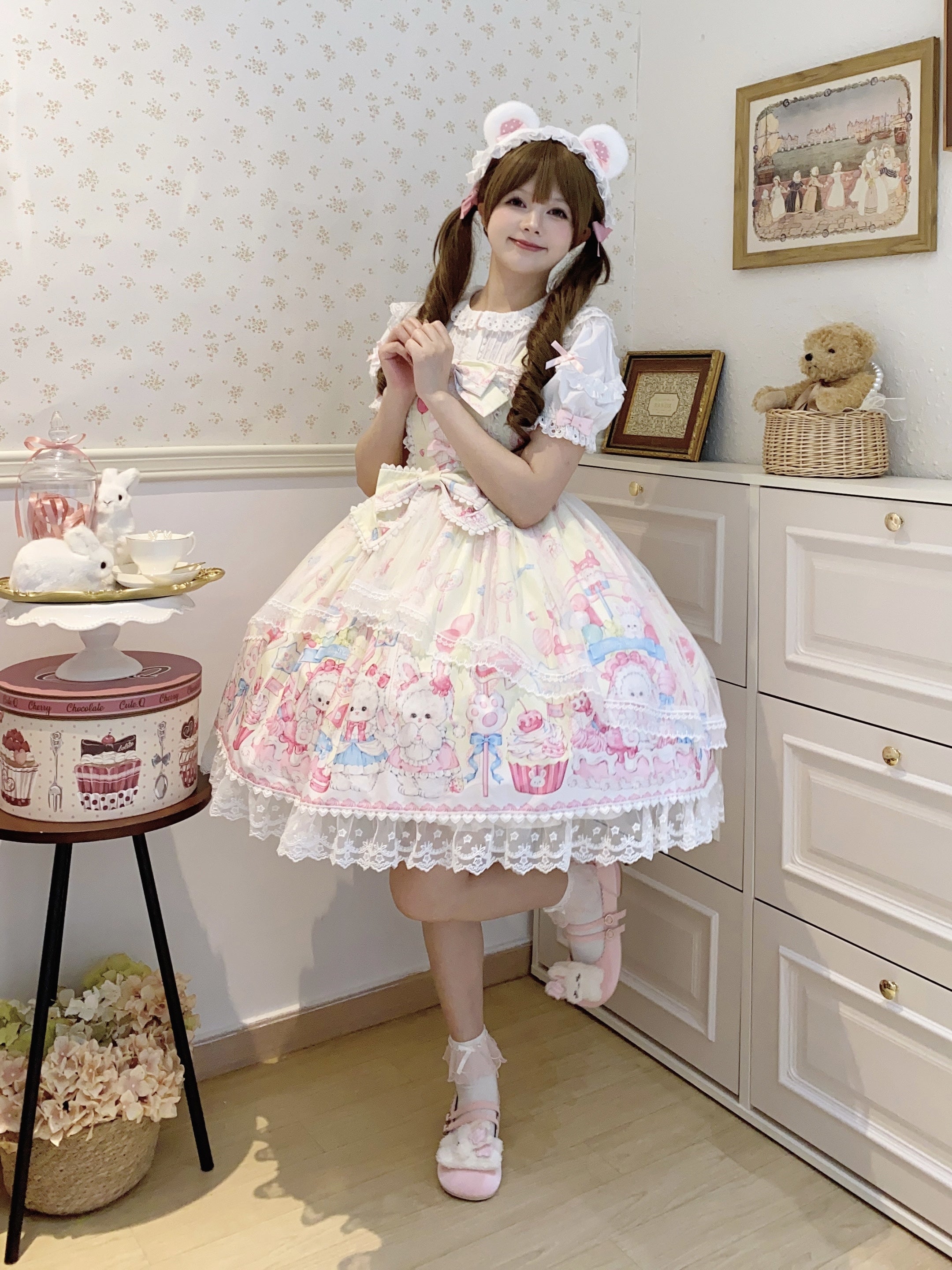 Bunny Sweet Cake Lolita JSK – Cute Pink Print Dress with Lace & Bows
