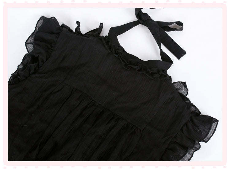 Kawaii Black Lace Ruffle Mini Dress – Sweet Gothic Lolita with Cape & Bow Accents