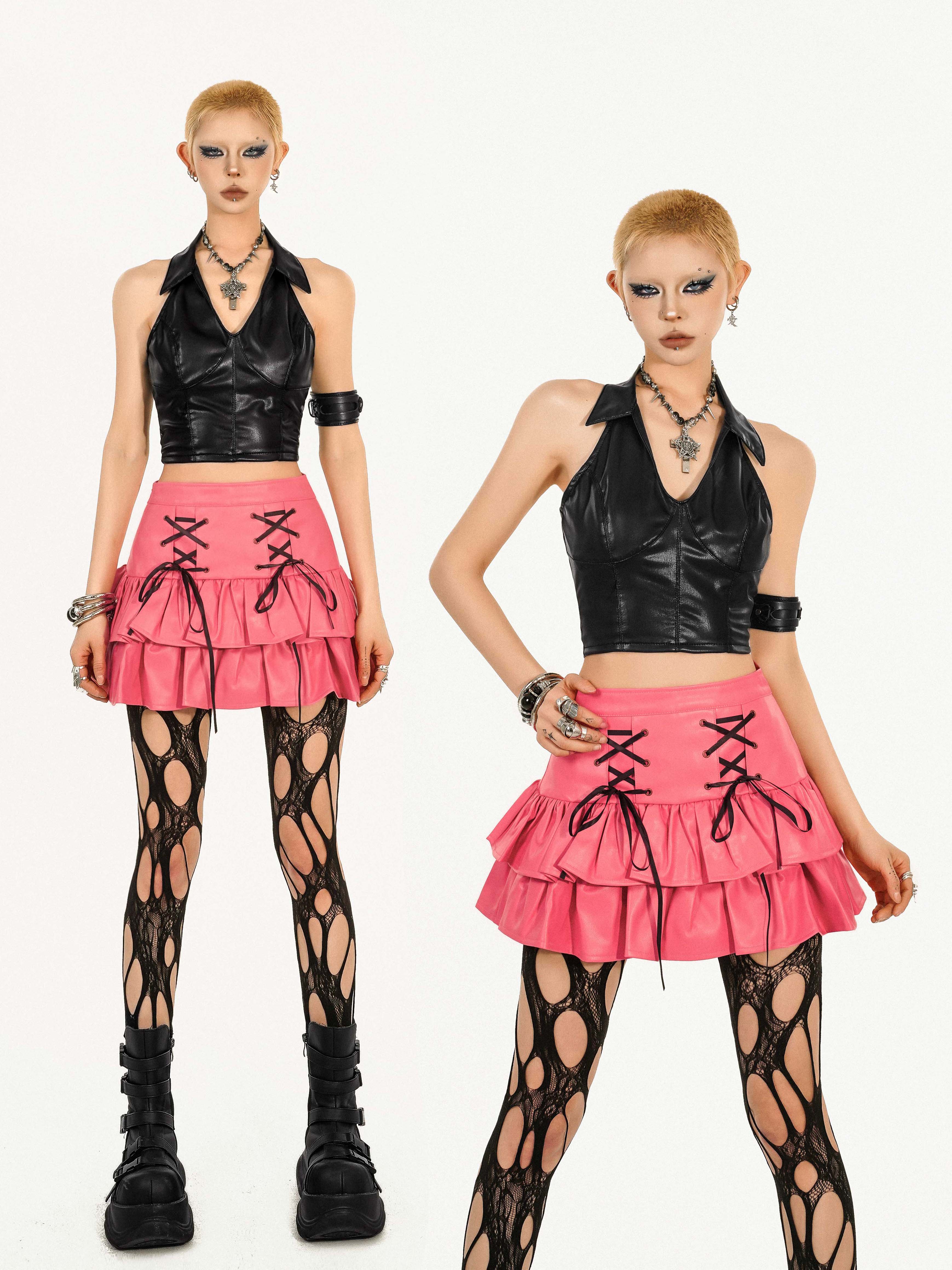 Y2K Grunge Coquette Mini Skirt — Lace-Up Layered Ruffle Skirt | Punk Aesthetic Femcore Fashion