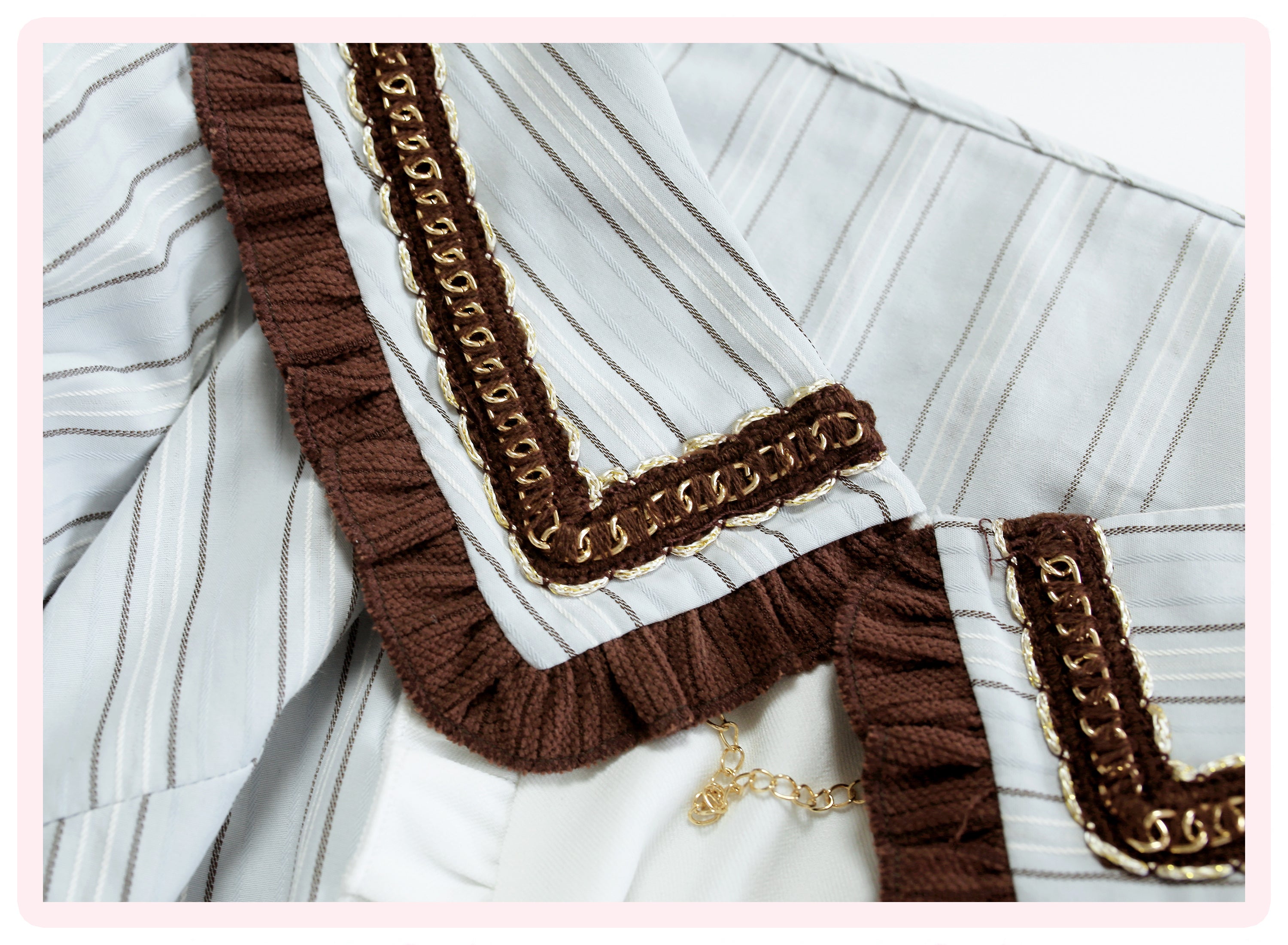 Teddycore Coquette Prep Set — Brown Ruffle Cape, Pinstripe Bow Top & Layered Mini Skirt | Soft Grunge Academia Vibes