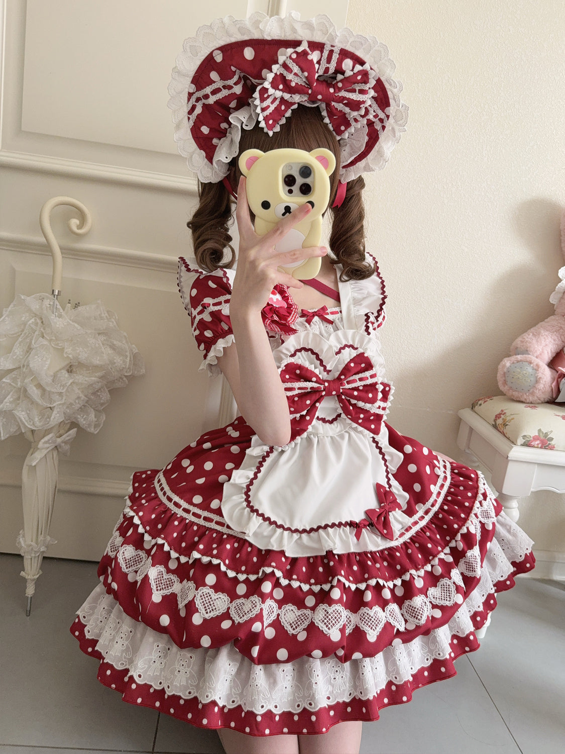 Sweet Lolita Patisserie OP Set— Heart Lace, Polka Dots, Tiered Cupcake Skirt, Coquette/Dollcore Vibes