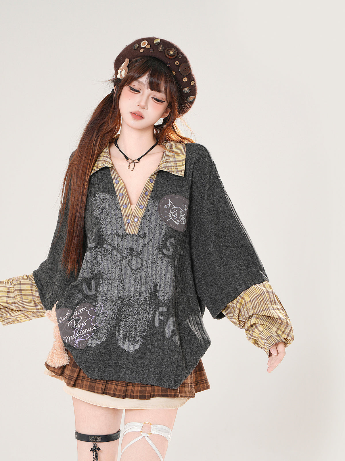 Vintage Kawaii Layered Top – Fake Two-Piece Grunge Academia Shirt