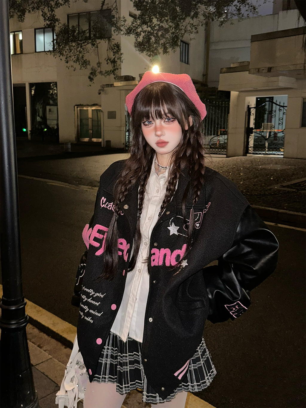 Kawaii Fuzzy Embroidered Varsity Jacket – Oversized Sweet-Punk Bomber for Fall/Winter
