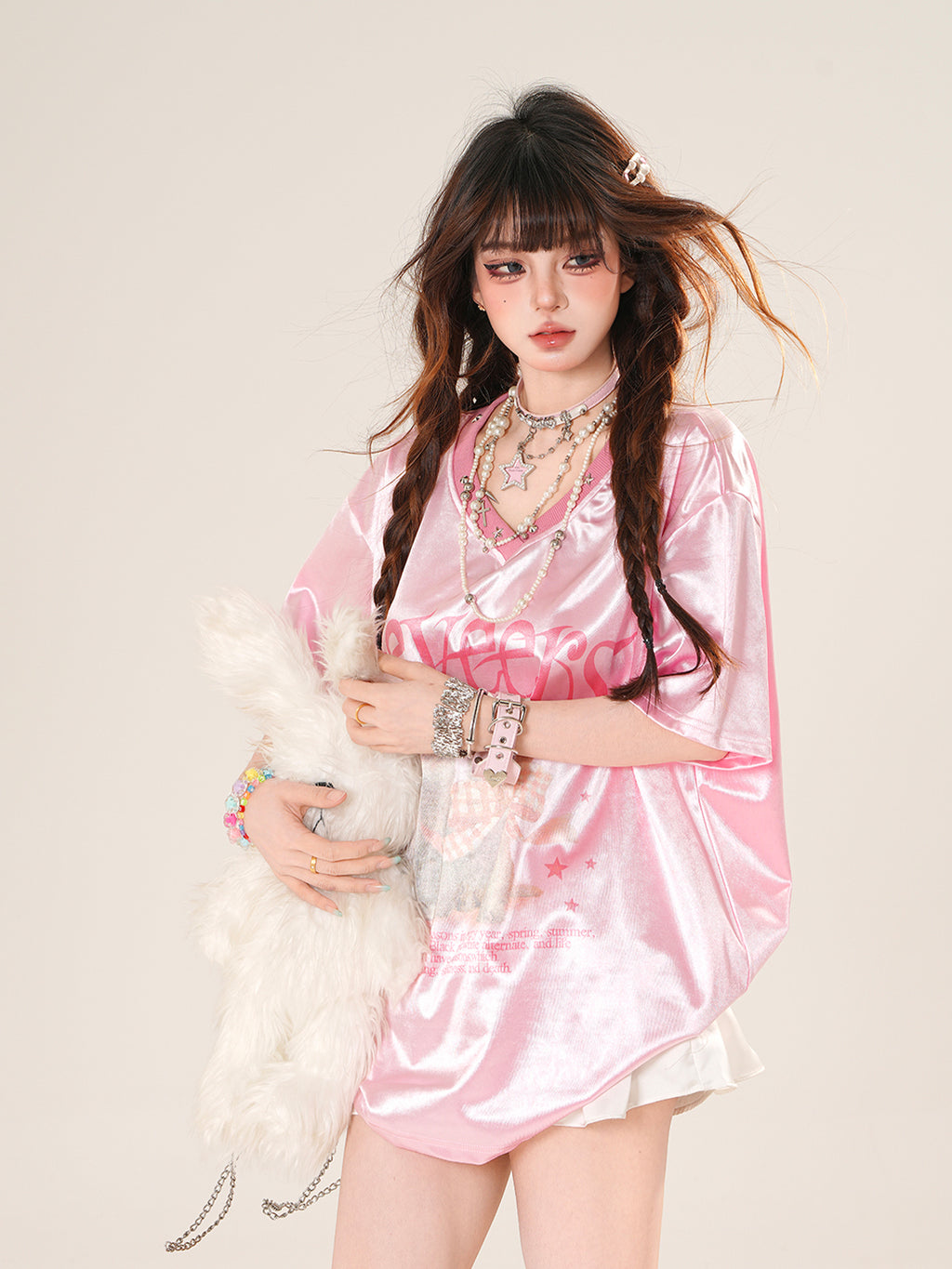 Sweet Satin Cat Print T-Shirt – Loose V-Neck Short Sleeve Top