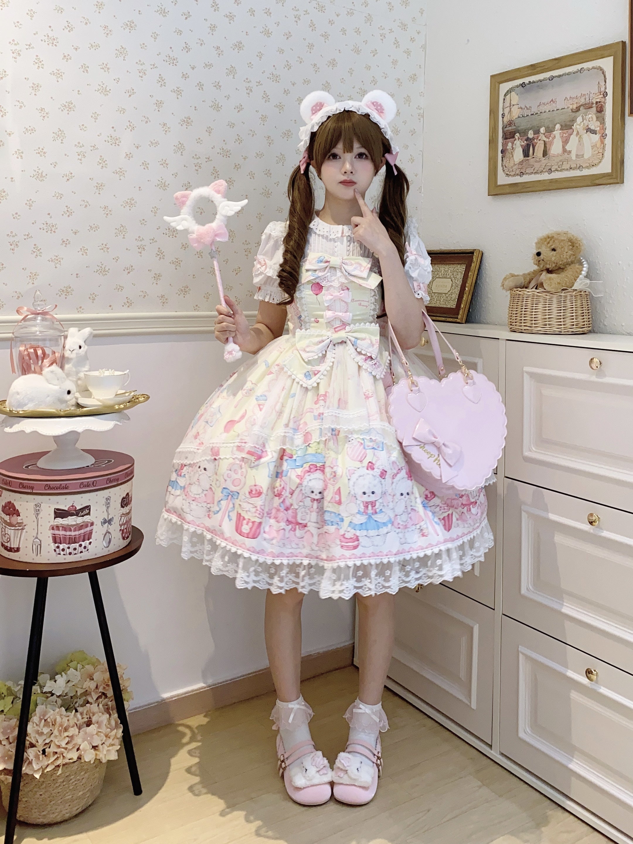 Bunny Sweet Cake Lolita JSK – Cute Pink Print Dress with Lace & Bows
