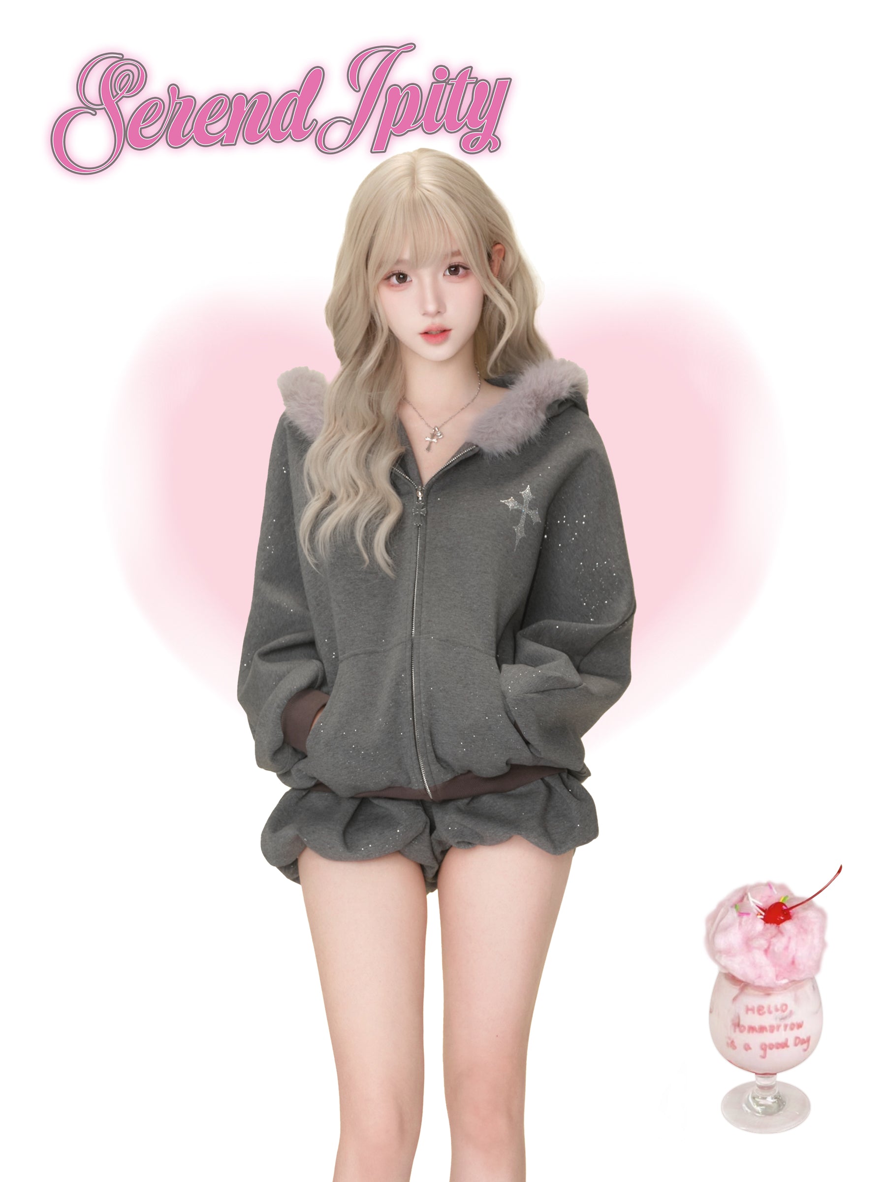 【Daily Series】Galaxy Angel Glitter Set – Gray Sparkle Hoodie + Shorts