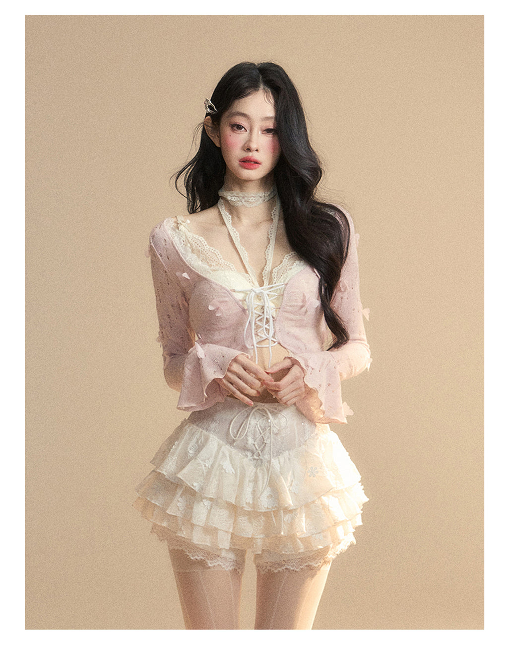 Sweetheart Doll Lace Hollow-Out Knit Set – Halter Long Sleeve Slim Fit Top