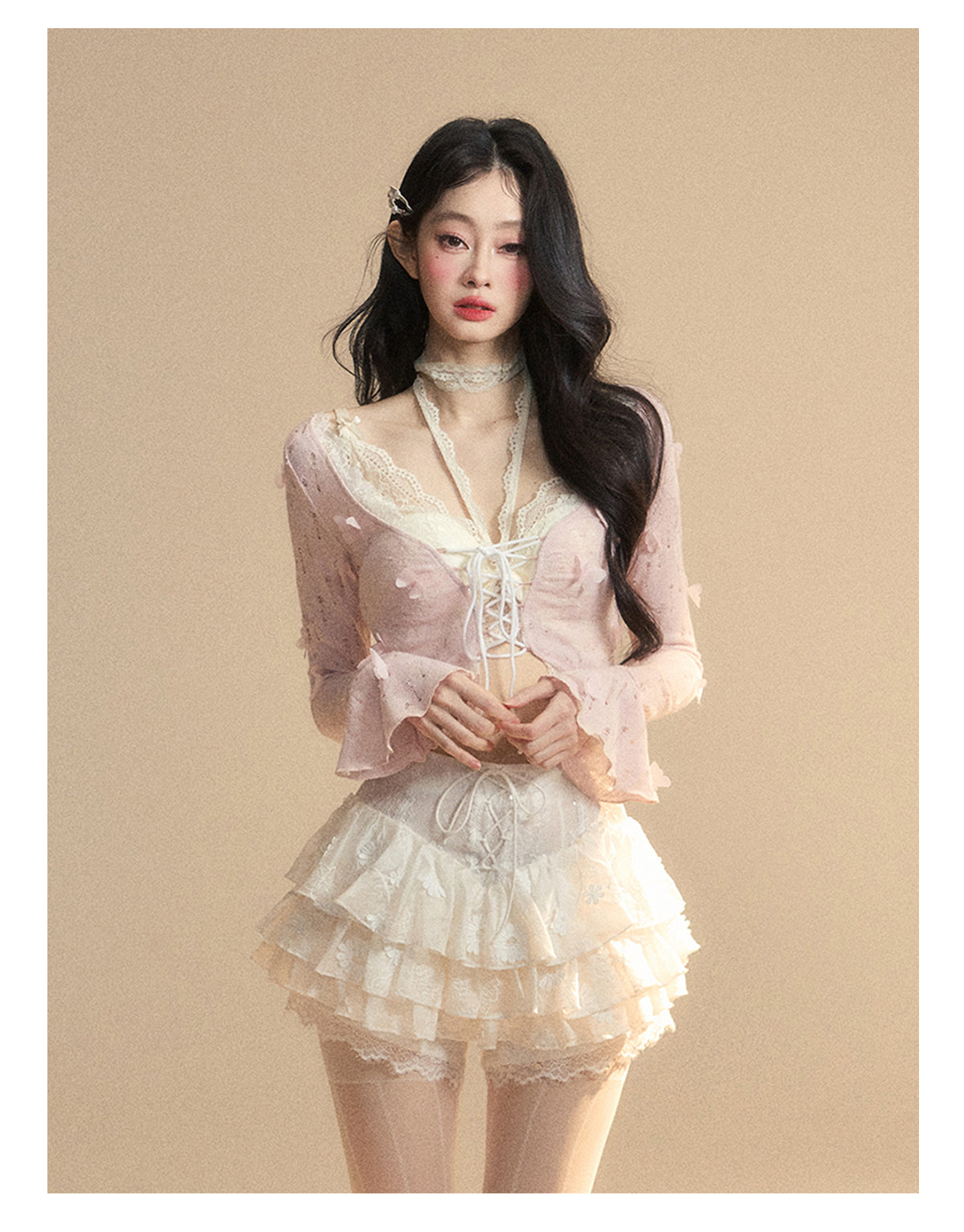 Sweetheart Doll Lace Hollow-Out Knit Set – Halter Long Sleeve Slim Fit Top