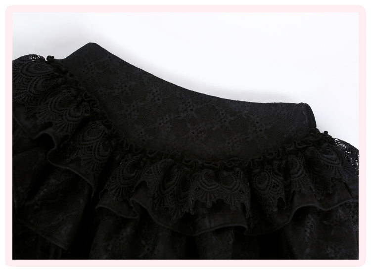 Kawaii Black Lace Ruffle Mini Dress – Sweet Gothic Lolita with Cape & Bow Accents