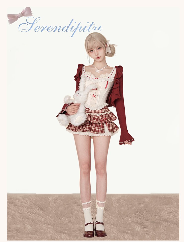 Vintage Coquette Plaid Set — Red Ruffle Cardigan, Lace Corset Camisole & Pleated Mini Skirt | Romantic Academia Aesthetic