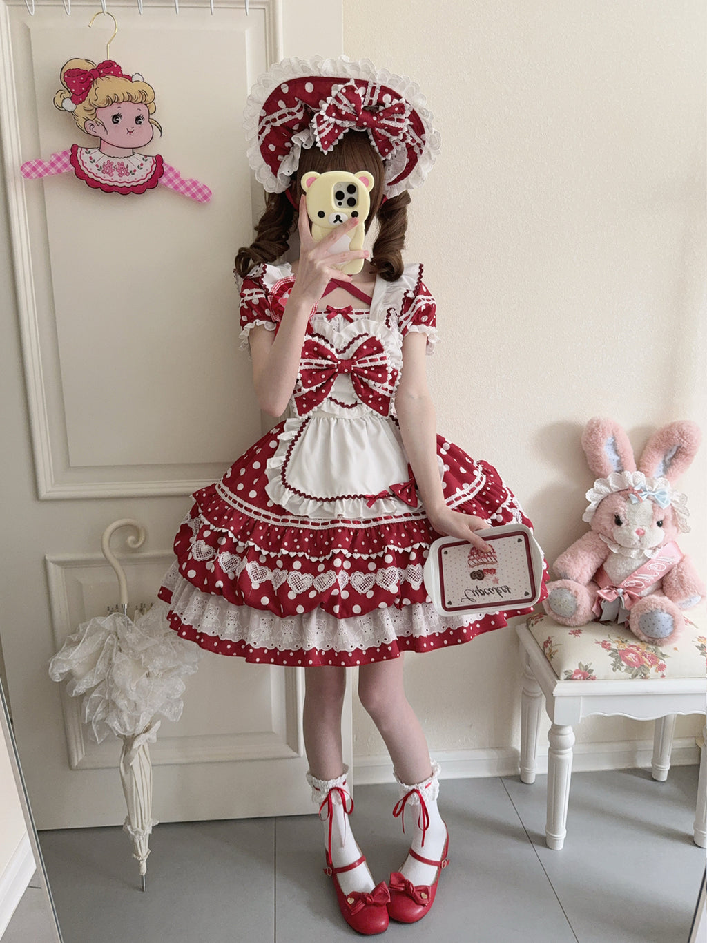 Sweet Lolita Patisserie OP Set— Heart Lace, Polka Dots, Tiered Cupcake Skirt, Coquette/Dollcore Vibes