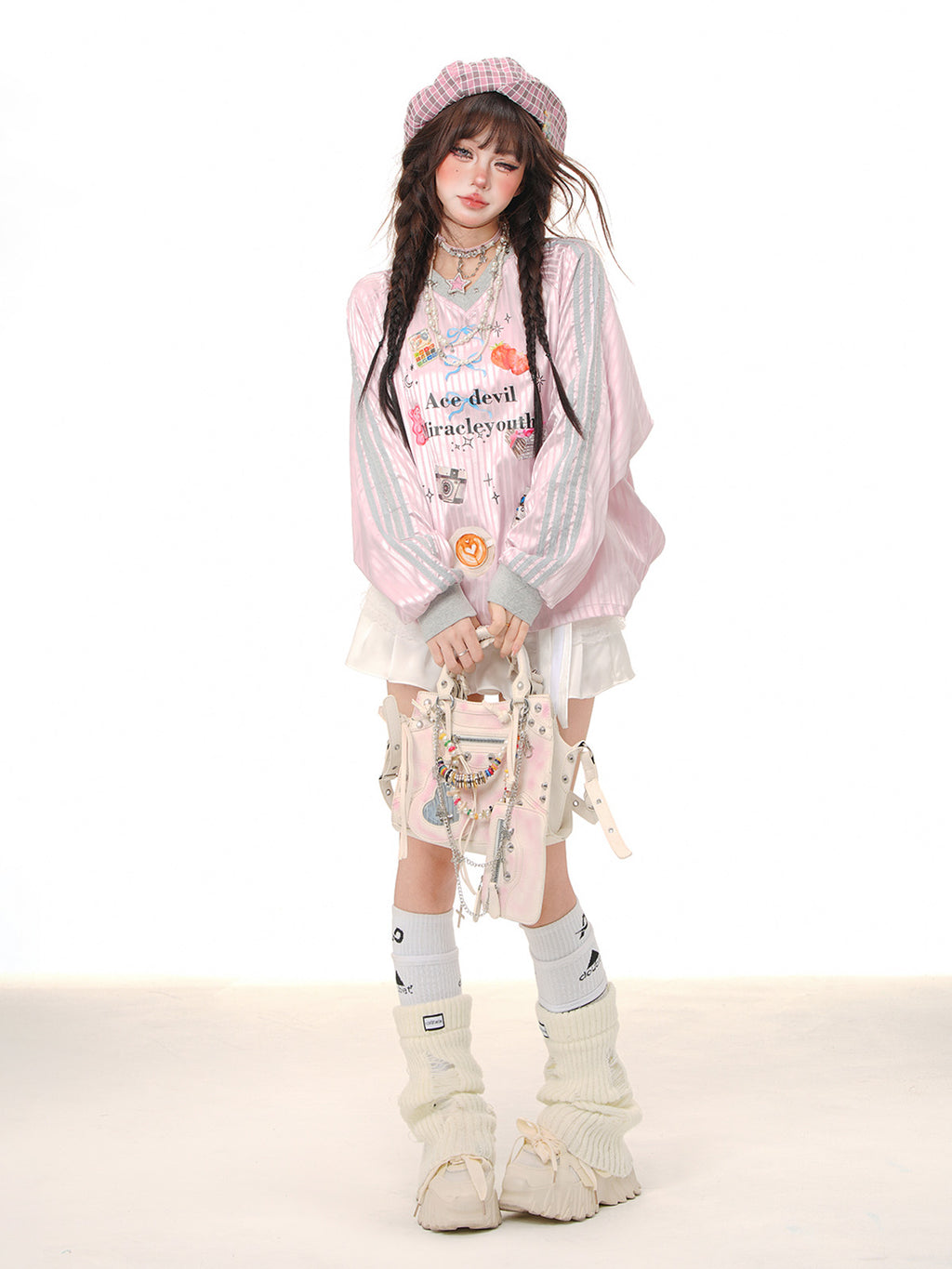Kawaii Oversized Sweatshirt – Cute Pink Plaid Lazy Style Pullover