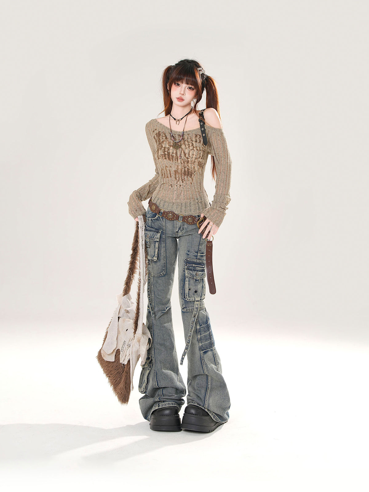 Y2K Slim Fit Cargo Jeans – High Waist Flare Denim Pants
